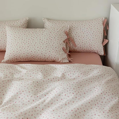 AOJIM Floral Print Bedding Duvet Cover Full Size, Soft Cotton Comforter Cover Set 3pcs for All Seasons, 1 Skin-friendly Duvet Cover 80x90'' with Zipper Closure and 2 Pillowcases with Bowknot, No Duvet