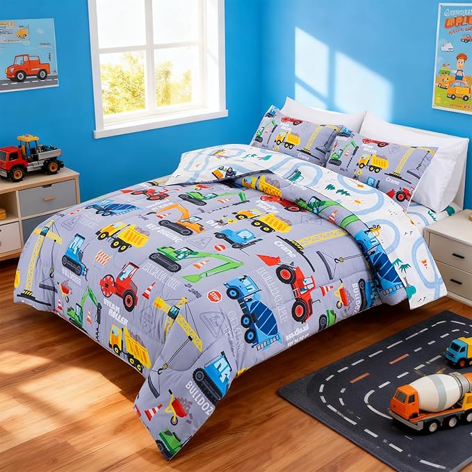 Holawakaka Trucks Tractors Cars Boy Bedding Comforter Set with Sheets, Twin Size Cartoon Construction Car Excavator Print Kids Bed in A Bag 5-Piece, Boys Reversible Dorm Bed Sets (Red Twin)