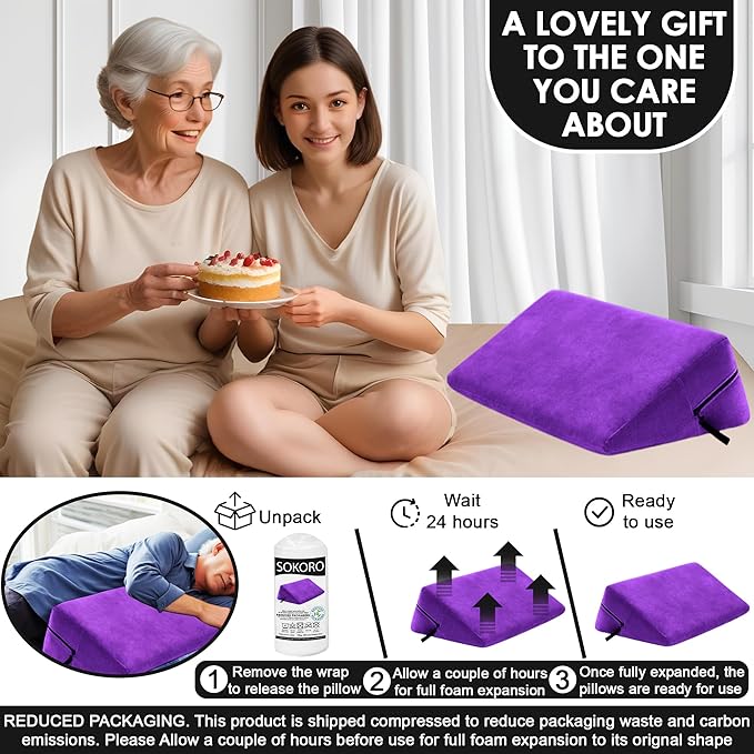 sokoro Bed Wedge Pillow for Sleeping, Triangle Pillow Wedge, Acid Reflux, Gerd, After Surgery, Back Support, Body Positioners for Pregnancy, Adults, Seniors to Elevate Head, Knee, Leg, Purple