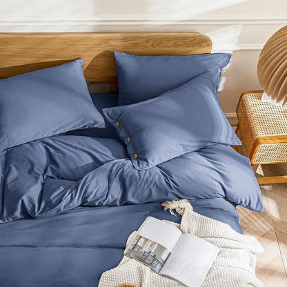 JELLYMONI Cotton Duvet Cover Cal King Size - Blue Comforter Cover with Button 100% Washed Cotton 3PCS Breathable Soft Solid Bedding Set Duvet Cover 104×98in & 2 Pillowcases (NO Comforter)