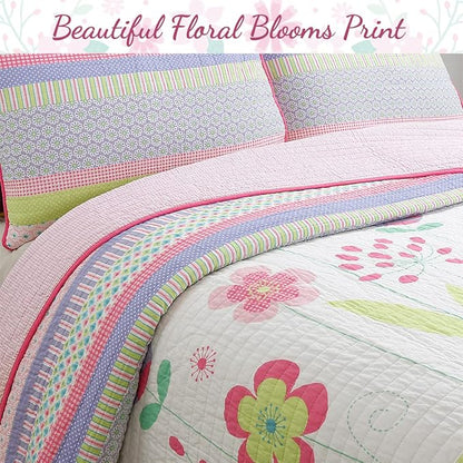 Cozy Line Home Fashions Pink Lavender Green Floral Print Girl 100% Cotton Reversible Quilt Bedding Set, Coverlet, Bedspread (Blossom, Queen - 3 Piece)