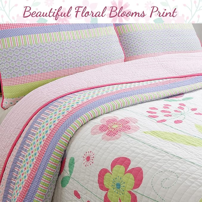 Cozy Line Home Fashions Pink Lavender Green Floral Print Girl 100% Cotton Reversible Quilt Bedding Set, Coverlet, Bedspread (Blossom, Queen - 6 Piece)