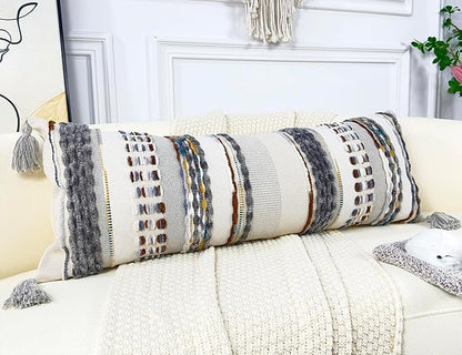 Chenille and Cotton Long Pillow for Bed, Striped Textured Boho Lumbar Throw Pillow Cover 14x36, Neutral Accent Decorative Extra Long Body Pillow Case for Couch, Sofa, Bedroom, Brown-Grey