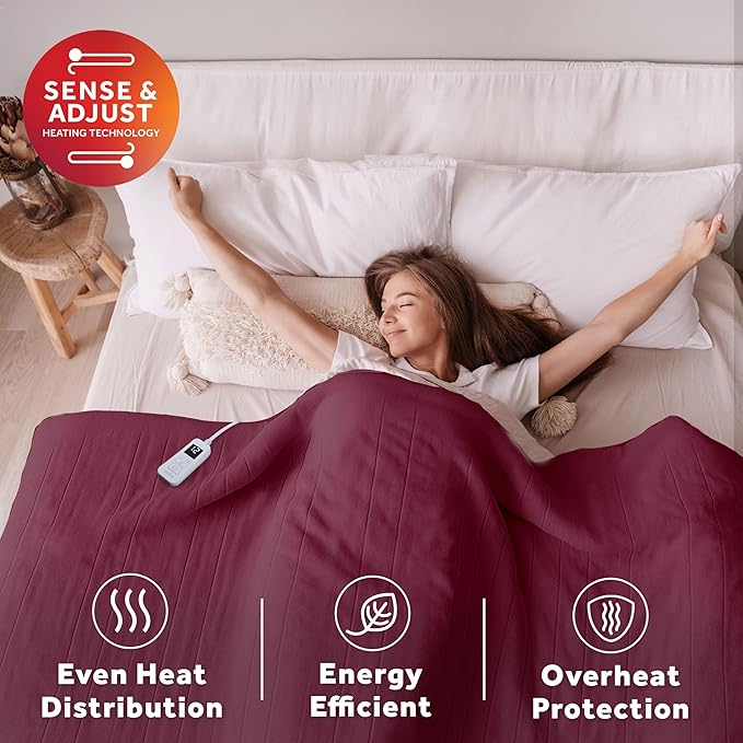 Sunbeam Electric Royal Luxe Microplush Heated Blanket, 12 Heat Settings, 12-Hour Auto Shut-Off, Fast Heating, Warm & Cozy, Machine Washable, Cabernet Color, Twin (84" x 62")