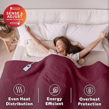 Sunbeam Electric Royal Luxe Microplush Heated Blanket, 12 Heat Settings, 12-Hour Auto Shut-Off, Fast Heating, Warm & Cozy, Machine Washable, Cabernet Color, Twin (84" x 62")
