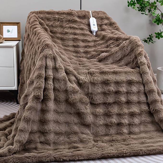 Heated Blanket Electric Queen- 84"x90" Soft Thick Bubble Electric Blanket for Sofa with 5 Heat Levels & 10 Hours Auto-Off Overheat Protection, Warm Cozy Gifts, Beige