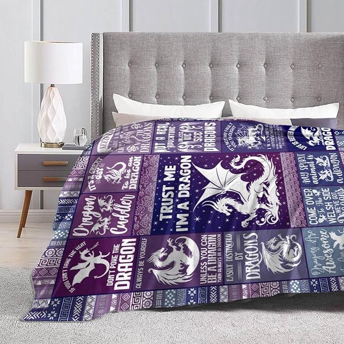 Dragon Blanket for Boys Girls, Cute Dragon Themed Design Printed Purple Throw Blankets for Kids Lap, Chair Sofa, Warm Soft Cozy Blanket, 40"x 50"