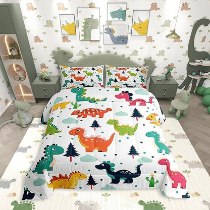 Cartoon Dino Kids Comforter Set Queen Size,Cute Dinosaur Watercolor Wild Animal Bedding Set for Women Adult,Kawaii Dino Dots Pine Cloud Print Luxury Bed Duvet Insert, 2 Pillowcases