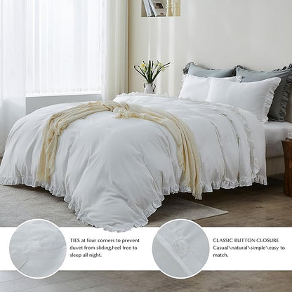 Simple&Opulence Kids 100% Organic Cotton Twin Duvet Cover Ruffle 2Pcs(1 Comforter Cover 1 Pillowcase) Cute Lace Vintage Boho Shabby Chic Farmhouse Bedding Set Teen Girls(White, Twin)