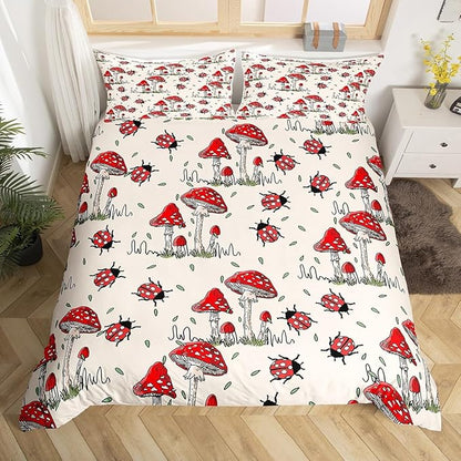 Castle Fairy Wild Mushroom Bedding Set Full Size,Cute Ladybug Duvet Cover 3pcs Kids Teens Rustic Hand Drawn Comforter Girls Boys Room Decor,Nature Animals Plants Quilt Cover,2 Pillowcases,Red Khaki