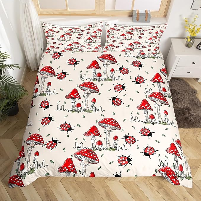 Wild Mushroom Duvet Cover Set Twin Size,Cute Ladybug Bedding Set 2pcs Kids Teens Rustic Hand Drawn Comforter Cover Girls Boys Room Decor,Nature Animals Plants Quilt Cover,1 Pillowcase,Red Khaki
