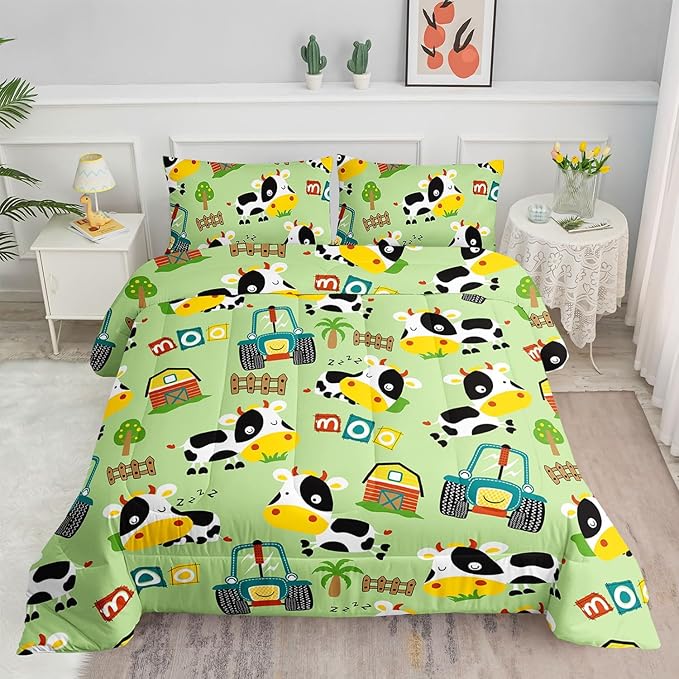 Cute Cow Comforter Set Farm Aninmal Printed Bedding Set with 1 Comforter and 2 Pillowcases for Boys and Girls Bedroom All Season(Cow Full)
