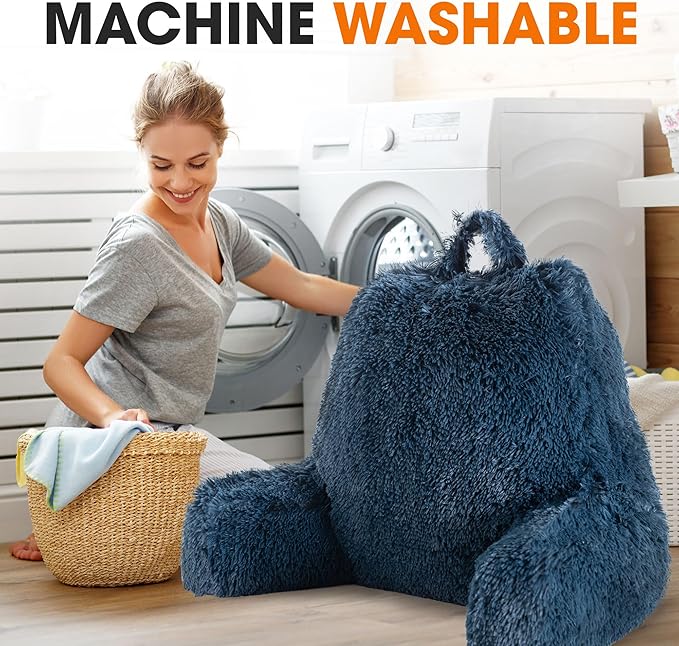 Cheer Collection Fluffy Reading Pillow Chair - Shaggy Hair Chair Pillow with Arms for Bed & Couch, Navy Blue