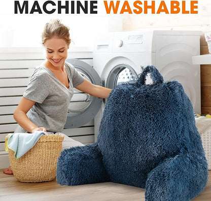 Cheer Collection Fluffy Reading Pillow Chair - Shaggy Hair Chair Pillow with Arms for Bed & Couch, Navy Blue