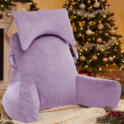 Portable Reading Pillows with Headrest for Bed Sitting Up(Lavender Purple Oeko-Tex), Velvet Back Pillow with Arms & Pockets for Adults, Support Memory Foam Bed Pillow for Dorm/Reading/Gaming
