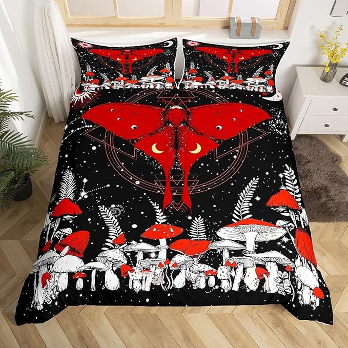 Moth Duvet Cover Set King Size,Trippy Red Mushroom Plant Comforter Cover with 2 Pillowcases,3 Piece,Stars Moon Galaxy Space Bedding Set for Adult Young Bedroom Xmas Gift