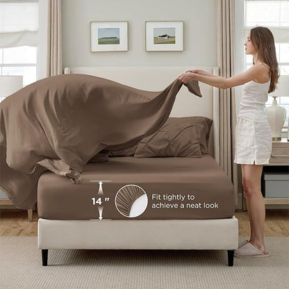 Bedsure Queen Comforter Set Brown - Bed in a Bag Queen Size Bedding 7 Pieces, GentleSoft™ Pintuck Bed Set Gift for Family, Pinch Pleat All Season Comforter with Sheets, Pillowcases & Shams