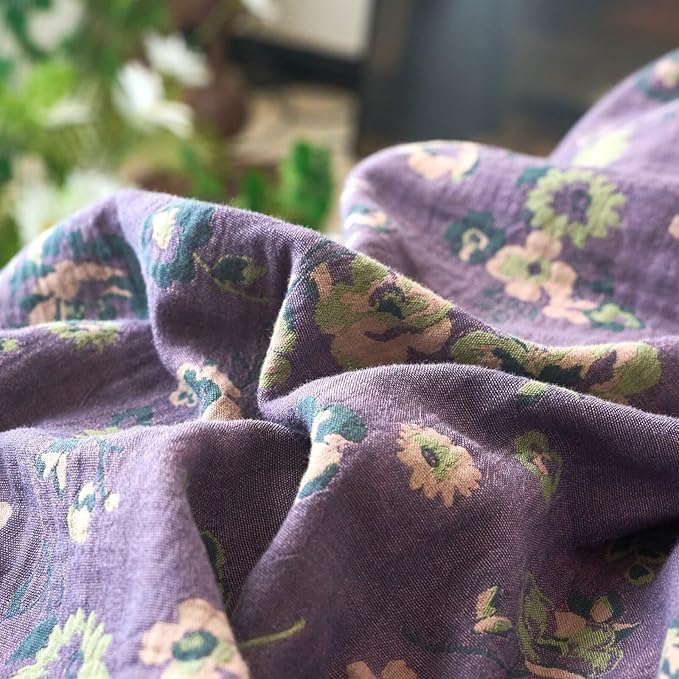 BuLuTu Vintage Purple Green Floral Duvet Cover Set Queen Comforter Cover Yarn-Dyed Jacquard Textured 100% Cotton Muslin Quilt Cover with Zipper Closure, 90"x90", Ultra Soft Breathable