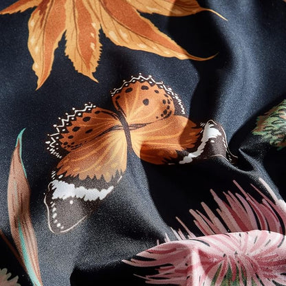 Floral Duvet Cover King Size Black Duvet Cover Set with Pink Floral Colorful Botanical Yellow Butterfly 3D Printed Comforter Cover 3 Pcs Soft Microfiber Bedding Set with Zipper Ties