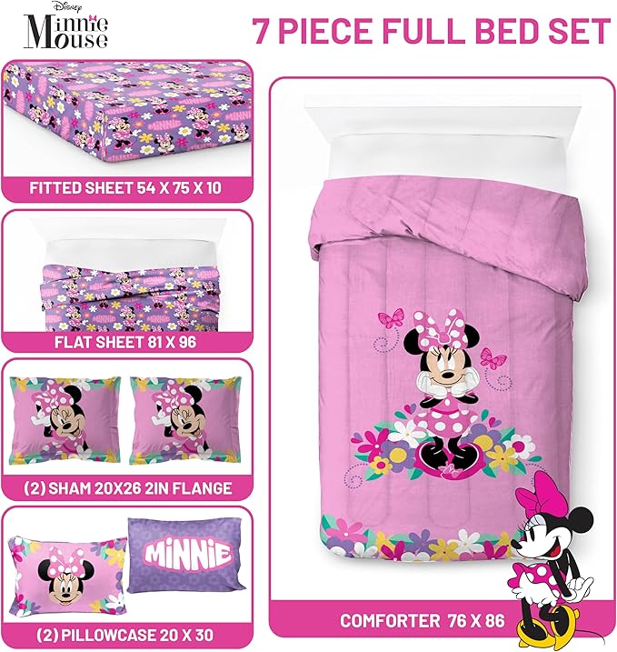 Jay Franco Kids Comforter Set Includes Sheets and Pillow Covers - Soft and Cozy Bed Set for Stylish Room Decor, Pink - Minnie Mouse 02, 7 Piece Full Size Bedding