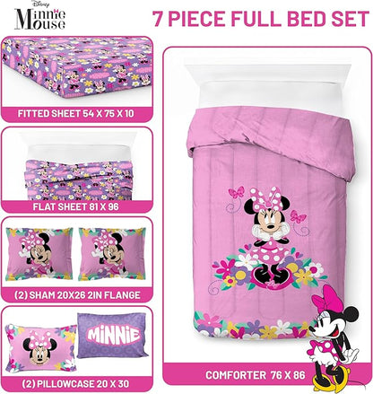 Jay Franco Kids Comforter Set Includes Sheets and Pillow Covers - Soft and Cozy Bed Set for Stylish Room Decor, Pink - Minnie Mouse 02, 7 Piece Full Size Bedding