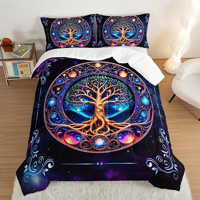 Tree of Life Bedding Queen Comforter Set,Mystic Planet Starry Sky Printed Bedding Comforter Sets for Kids Boys Girls Room Decor,Bohemian Bedding Puffy Comforter Sets 2 Pillowcases.