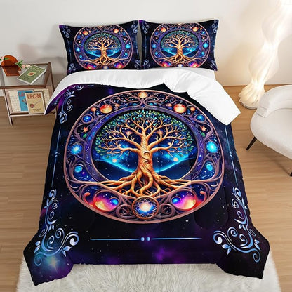 Tree of Life Bedding King Comforter Set,Mystic Planet Starry Sky Printed Bedding Comforter Sets for Kids Boys Girls Room Decor,Bohemian Bedding Puffy Comforter Sets 2 Pillowcases.
