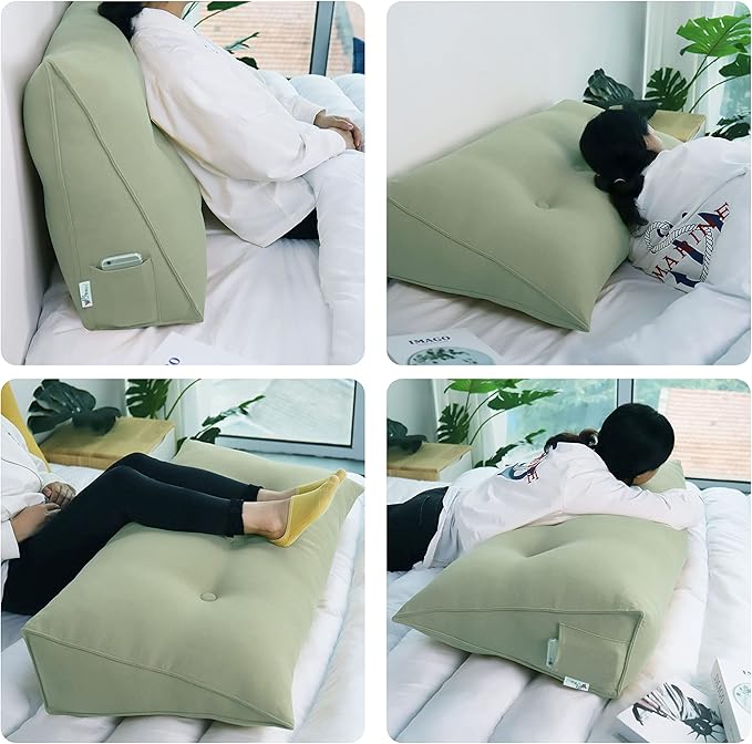 Wedge Headboard Pillow Dorm Room Reading Pillow Back Support for Sitting Up in Bed Bolster Lumbar Cushion Body Positioning Bedrest Cotton Linen 59in Grass Green Queen