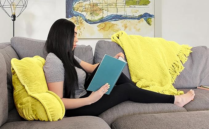 Super Soft Velvety Backrest Reading Bed Rest Pillow with Arms and Pockets 18" H for Sitting in Bed Couch Sofa, Back Support Wedge Cushion with Removable Cover, 20" x 18" x17", Butter Yellow