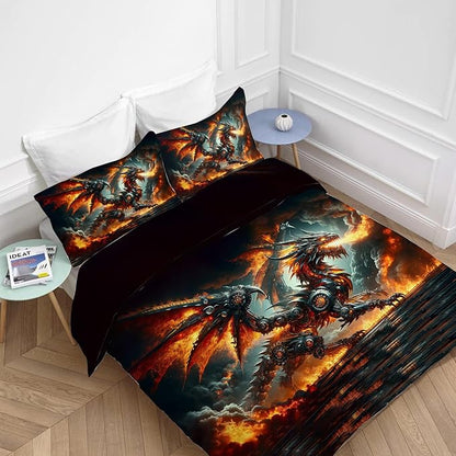 Dragon Bedding Set 3 Pieces Twin Size Flame Dragon Duvet Cover Comforter Cover Sets with 2 Pillowcases for Boys Girls Teens Men Women