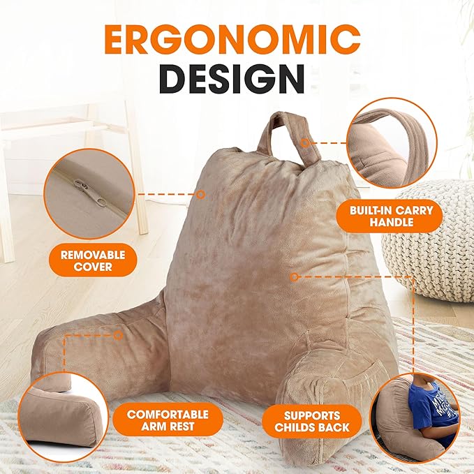 Cheer Collection Reading Pillow with Arms – Portable Bed Pillow for Sitting Up & Support, Foam-Filled Back Rest Pillow for Sitting in Bed & Couch, Machine Washable, Taupe