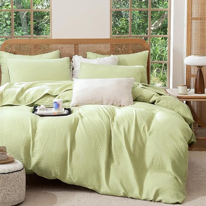 Duvet Cover Queen Set, Luxury Brushed Microfiber Double-Layer Crinkle Gauze Sage Green Duvet Cover, 3 Pieces Bedding for All-Season, Soft Breathable with Zipper Closure (No Comforter)