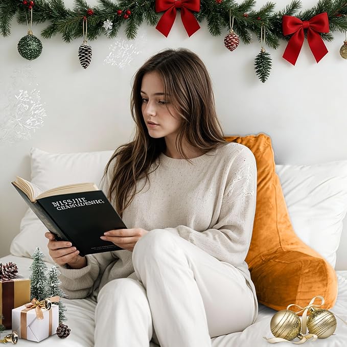 Reading Pillow for Sitting in Bed Adult, X-Large Reading Pillow with Shredded Memory Foam, Back Pillow for Sitting Up with Extend Arms, Pockets, Bed Pillow with Washable Cover, Orange