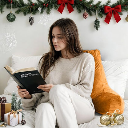 Reading Pillow for Sitting in Bed Adult, X-Large Reading Pillow with Shredded Memory Foam, Back Pillow for Sitting Up with Extend Arms, Pockets, Bed Pillow with Washable Cover, Orange