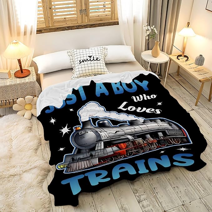 Boy Who Loves Trains Blanket Soft Blankets and Throws Flannel Cozy Lightweight Quilt Gift for Train Lovers for Bed Sofa Couch-80x60 Inches