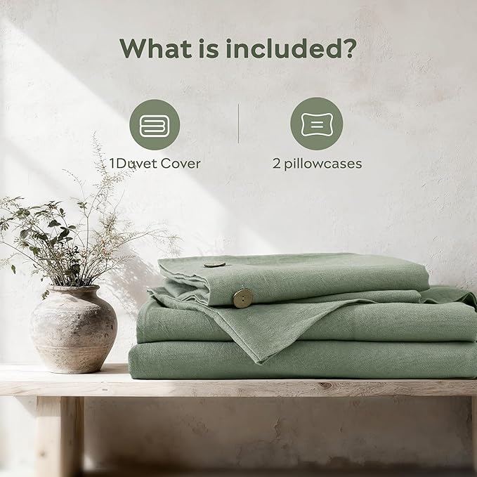 JELLYMONI Cotton Duvet Cover Full Size - Sage Green Comforter Cover with Button 100% Washed Cotton 3PCS Breathable Soft Solid Bedding Set Duvet Cover 80×90in & 2 Pillowcases (NO Comforter)