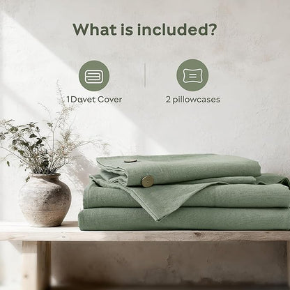 JELLYMONI Cotton Duvet Cover Full Size - Sage Green Comforter Cover with Button 100% Washed Cotton 3PCS Breathable Soft Solid Bedding Set Duvet Cover 80×90in & 2 Pillowcases (NO Comforter)
