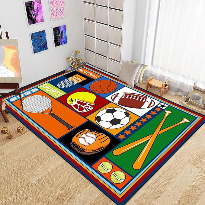 Sports Rugs for Boys Bedroom - Football & Soccer, Baseball, Basketball Rug for Boys Bedroom Decor Kids Carpet Soccer Carpet for Living Room Playroom Floor Mat Home Decor, 2.5x4 Feet