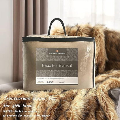 Luxury Plush Faux Fur Blanket Queen Size, Long Pile Golden Yellow with Black Tips Throw, Oversized Super Warm, Fuzzy, Elegant, Fluffy Decorative Blanket for Sofa, Armchair, Couch and Bed, 90"x90"