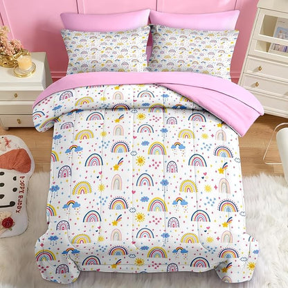 Nesker 7 Pcs Comforter Set Full Size, Colorful Cartoon Bedding for Kids Teen, Cute Boho Rainbow with Fitted Sheet 2 Pillowcases & 2 Shams for Bedroom Bed Decor