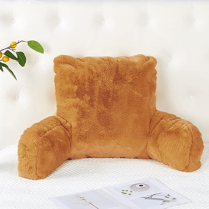 Plush Faux Fur Backrest Reading Bed Rest Pillow with Arms and Pockets for Sitting in Bed Couch Sofa, Back Support Wedge Cushion with Removable Cover, 20" x 18" x 17", Burnt Orange