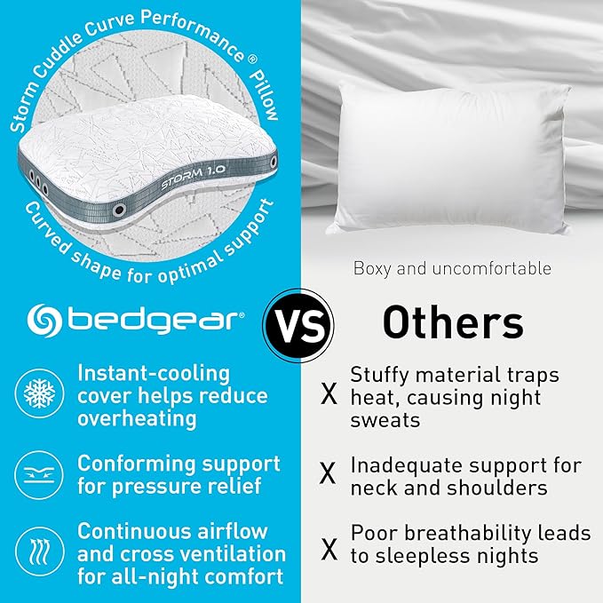 Bedgear Storm Cuddle Curve Performance Pillow - Size 1.0 - Cooling Bed Pillow for Side Sleepers - Medium Firmness- Washable and Removable Cover - 20" W x 26" L