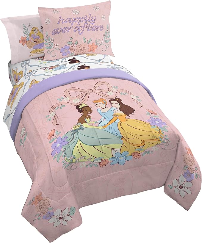 Jay Franco Kids Comforter Set Includes Sheets and Pillow Covers - Soft and Cozy Bed Set for Stylish Room Decor, Pink – Disney Princess, 7 Piece Full