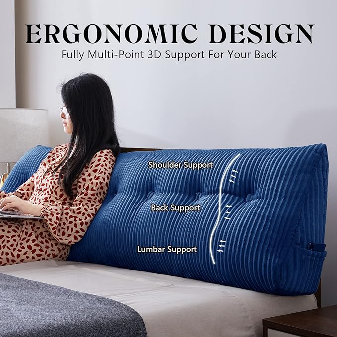 Large Headboard Pillow Headboard Wedge Pillow Bed Rest Reading Pillow Bolster Triangular Pillow for Sitting in Bed-Backrest Positioning Support Long Pillow for Daybed (Queen: 59x8x20 Inches,Blue)