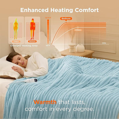 Bedsure Electric Blanket Twin - Thick Striped Flannel Electric Blanket, Heating with 10 Time Settings, 6 Heat Settings, and 8-Hour Timer Auto Shut Off, Gifts for Grandma (62x84 inches, Light Blue)