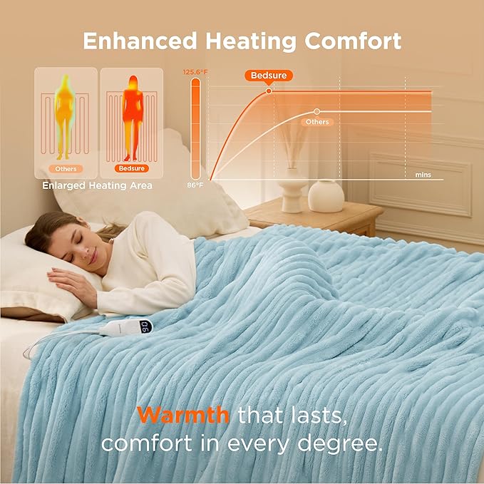 Bedsure Electric Blanket Full Size - Thick Striped Flannel Heated Blanket with 6 Heat Settings, 10 Time Settings, 8-Hour Timer Auto Shut Off, Gifts for Grandma (72x84 inches, Light Blue)