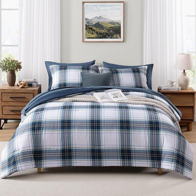 MaiRêve Twin XL Size Plaid Comforter Set Blue White, Classic 5 Pieces Farmhouse Bedding Set, All Season Lightweight Bed in A Bag with Sheets, Pillowcase & Sham