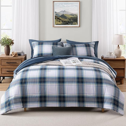 MaiRêve Twin XL Size Plaid Comforter Set Blue White, Classic 5 Pieces Farmhouse Bedding Set, All Season Lightweight Bed in A Bag with Sheets, Pillowcase & Sham
