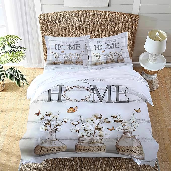 Cotton Flower Theme 3 Pieces Duvet Cover Comforter Set with 2 Pillowcase Twin Size White Floral Bed Sheet Quilt Bedroom Bedding for Lover Kids