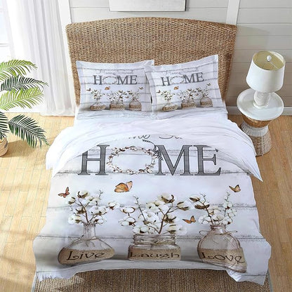 Cotton Flower Theme 3 Pieces Duvet Cover Comforter Set with 2 Pillowcase Full Size White Floral Bed Sheet Quilt Bedroom Bedding for Lover Kids